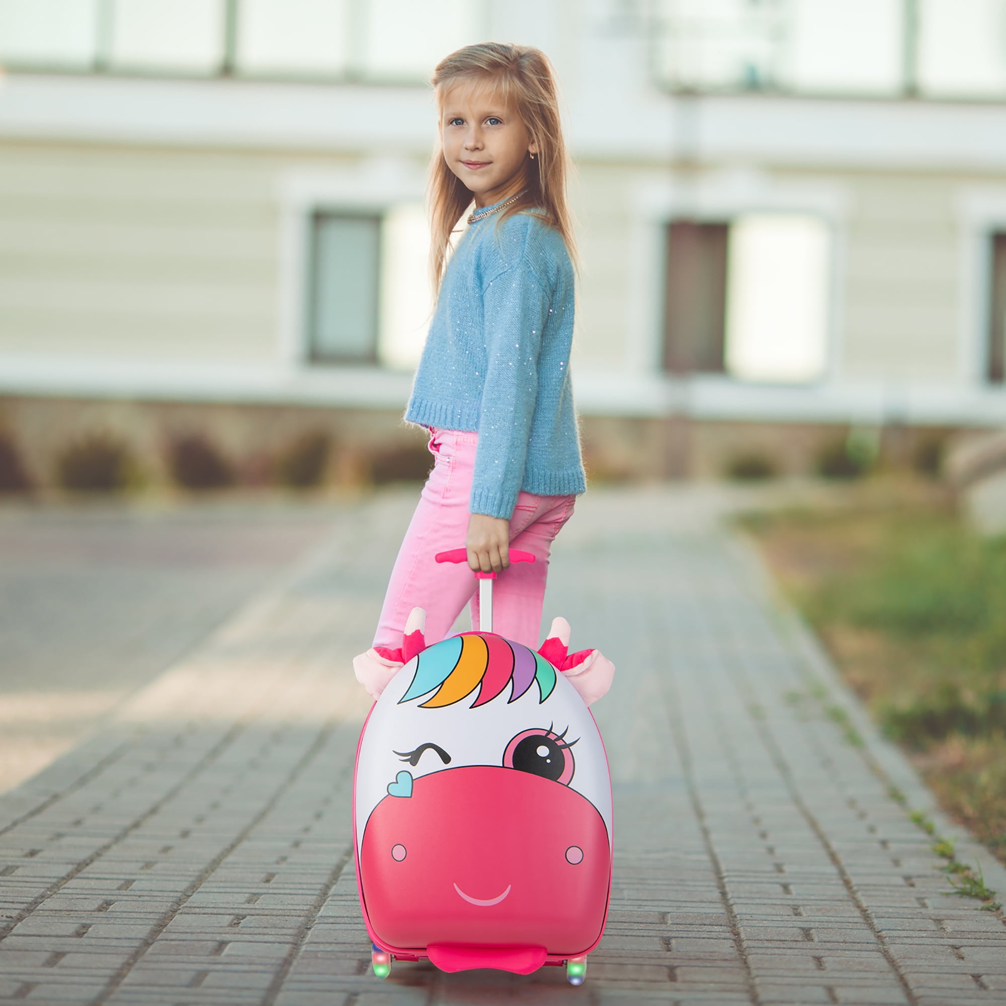 Costway Kids Rolling Luggage 16'' Hard Shell Carry On Travel Suitcase with Flashing Wheels