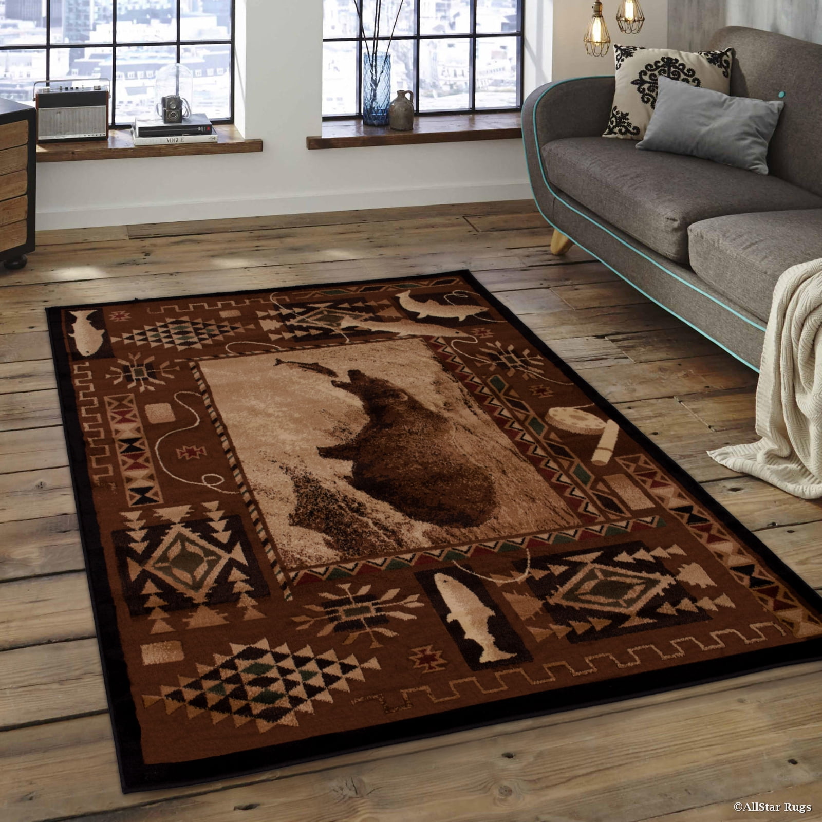 Brown Moose With Fish Print Outdoor Wilderness Area Rug 7 X 10 6