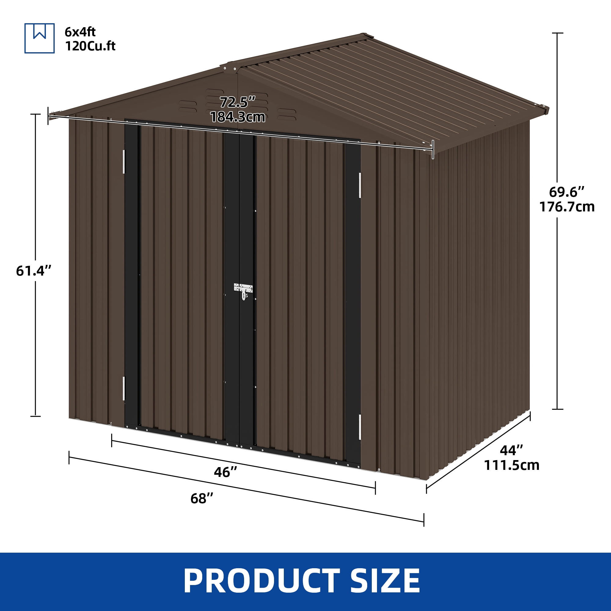 Uforic 6 Ft x 4 Ft Outdoor Tool Shed with Air Vents & Lockable Doors for Bikes & Tools, Brown