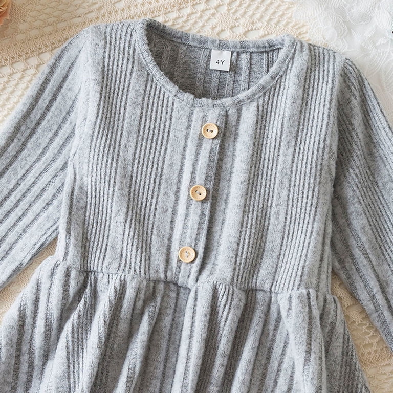 girls grey wool dress Flower Girl Dress - Toddler Girls Long Sleeve Ribbed Pattern Knitting Dresses - Leisure Dress Clothes, Comfortable Daily Outfit