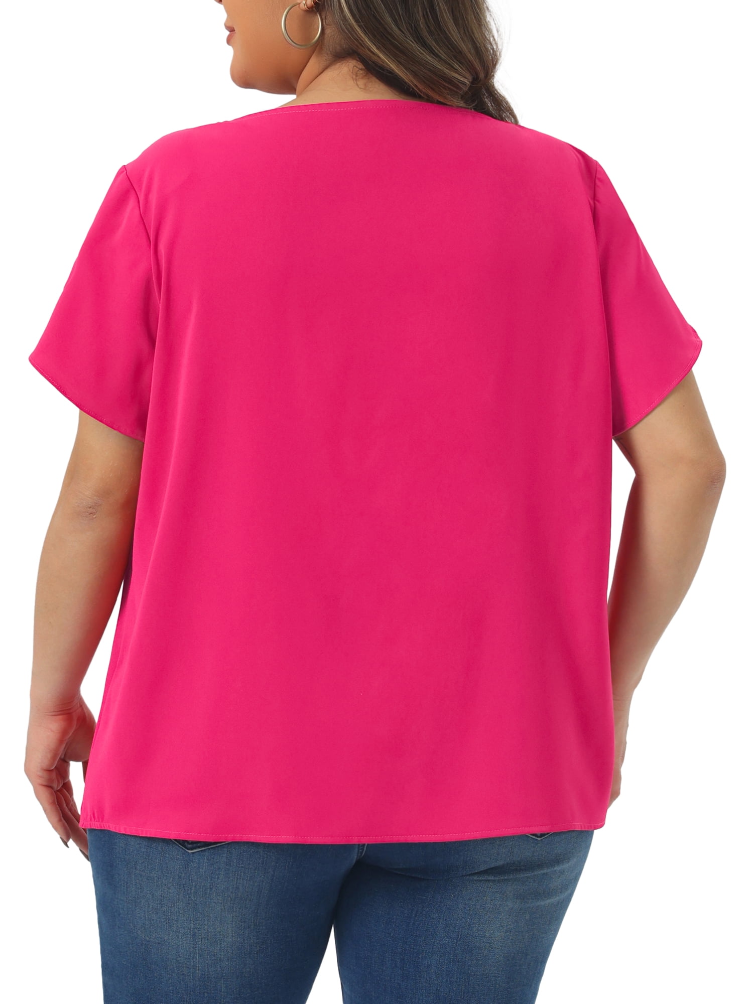 DARING DIVA Women's Plus Size Round Neck Pleated Tulip Sleeve Shirt Blouse 1X Hot Pink