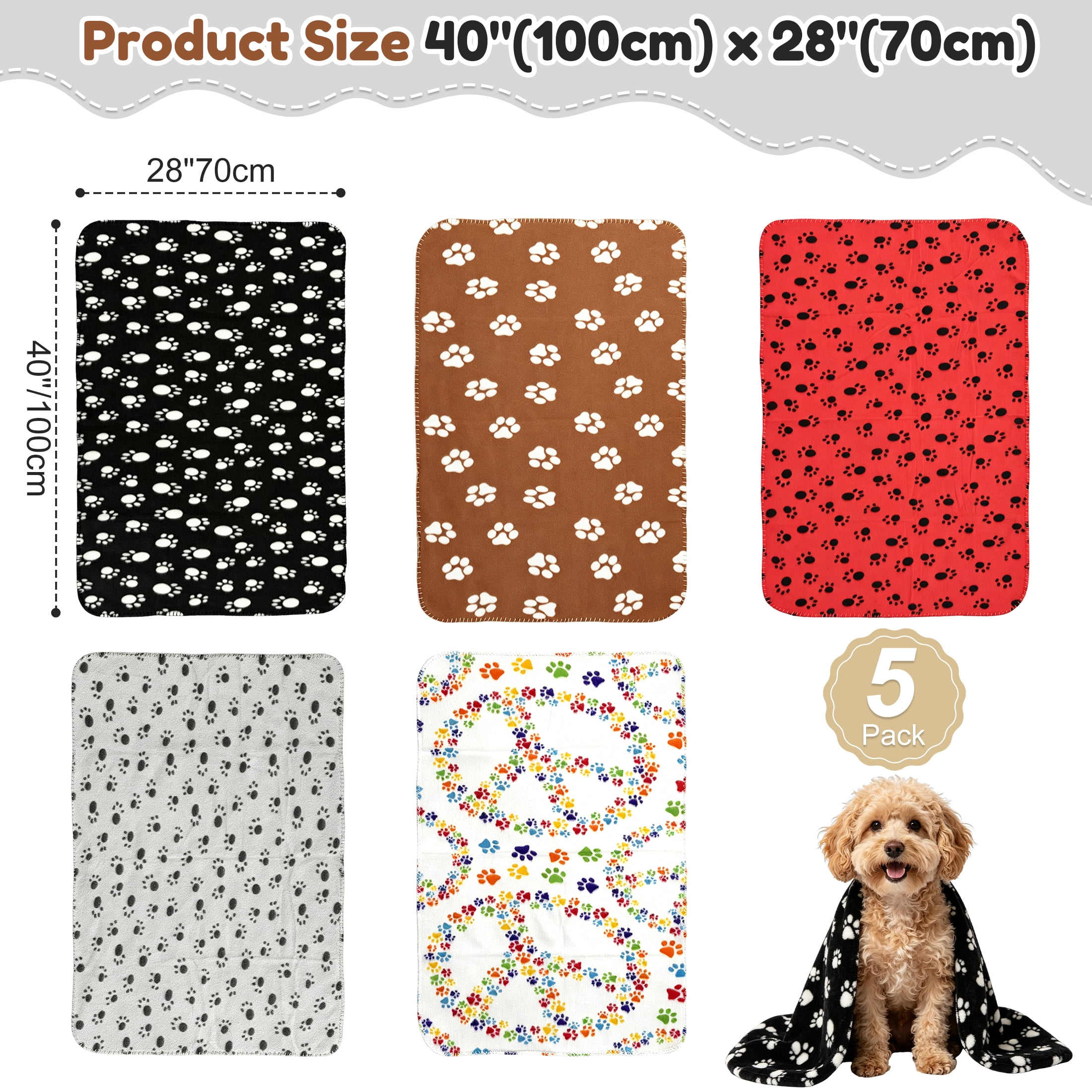 5 Pack Fleece Pet Blanket, 40" x 28" Dog & Cat Blanket, Soft Washable Cat Blanket, Warm Pet Mat, Reusable Pet Bed Cover with Paw Print for Puppy, Kitten, Small‑Medium Pets