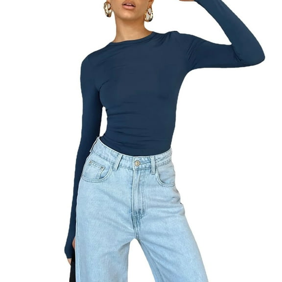 Womens Thumbhole Long Sleeve Round Neck Slim Fitted Crop Top Solid Color Bodycon Basic Short Pullover T-Shirt Blouse