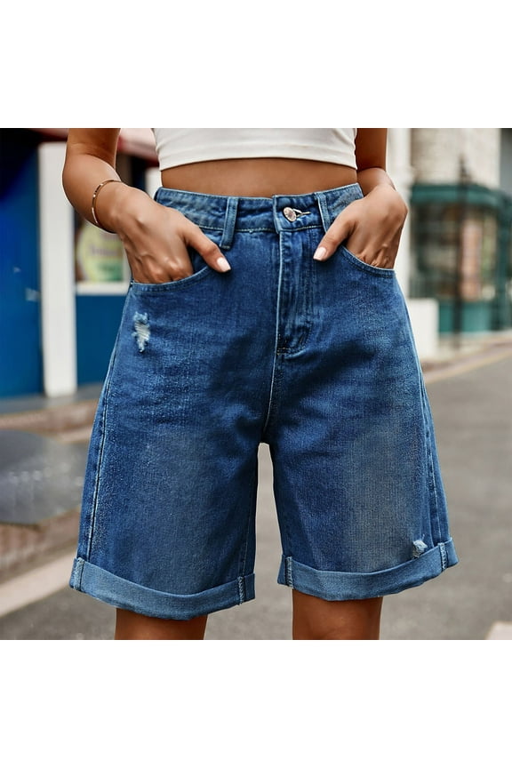 Denim Womens Shorts 2025 Casual Wide Leg Blue Cuffed High Waisted Baggy with Pocket Shorts Women Trouser L