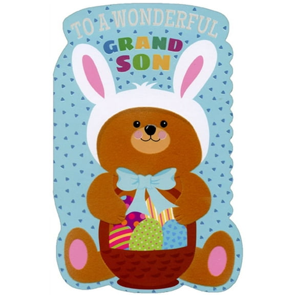 Pictura Fuzzy Teddy Bear Wearing Rabbit Ears Easter Card for Grandson