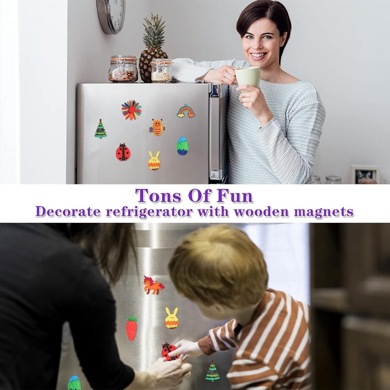 Max Fun 48 Pack DIY Wooden Magnets Craft Kit - Painting Activity For Kids Ages 3-12 With Markers, Glue & Magnets