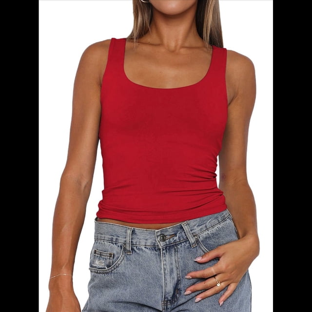 Camiseta Sin Mangas con Cuello Cuadrado para Mujer, de Doble Capa, Básica, para Entrenamiento de Verano, Informal. Rojo S