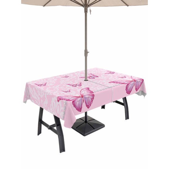 Outdoor Tablecloth with Umbrella Hole for Patio/Picnic/Party/Camping, Pink Floral Butterflies Waterproof Table Cloth Rectangle Table Cover Washable, Abstract Art Vintage Botanical (52"x 70")