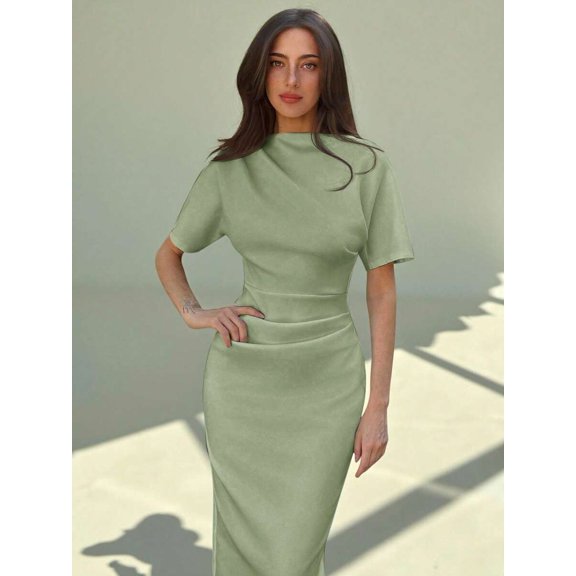 Olive Green High Neck Short Sleeve Midi Sheath Dress For Women