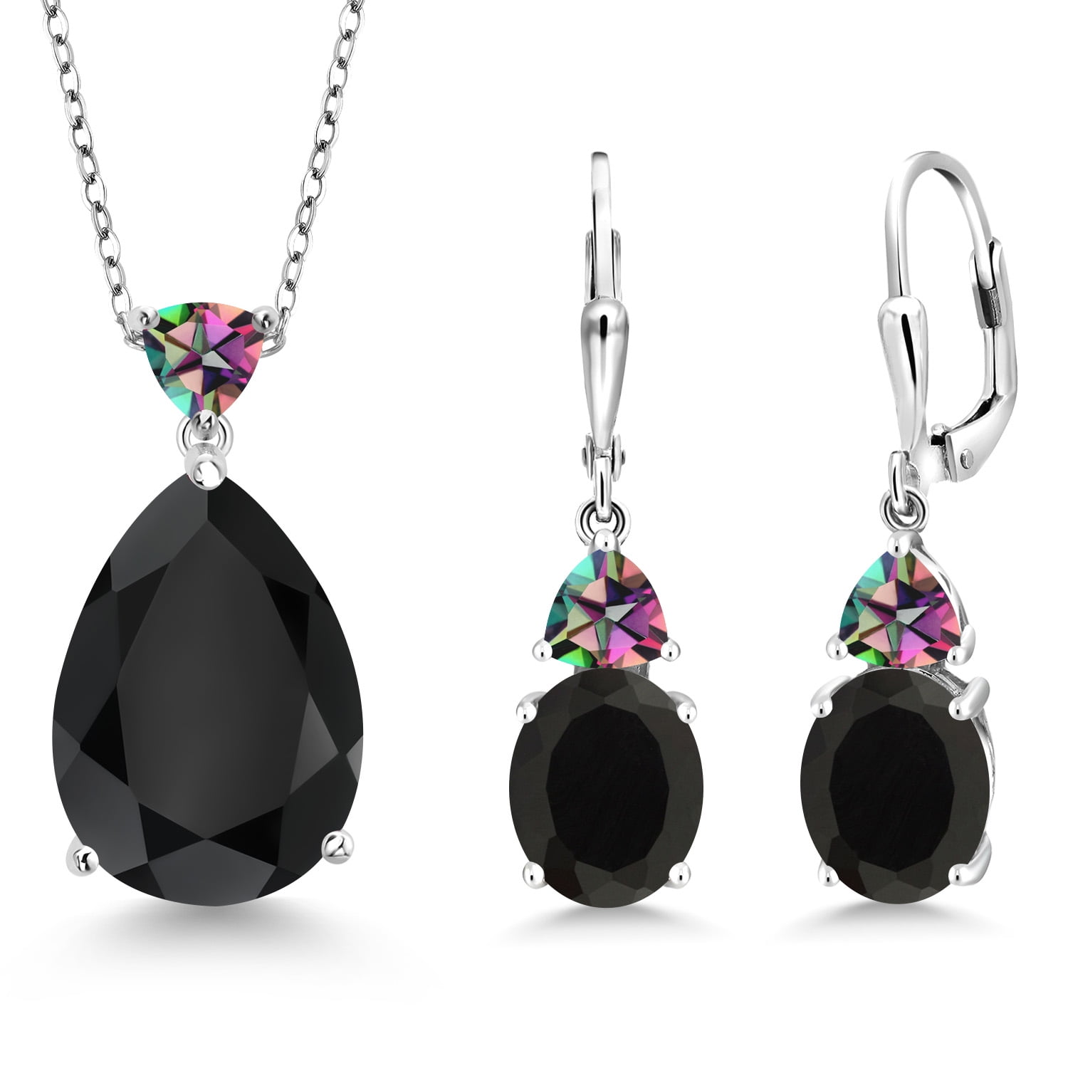Gem Stone King 925 Sterling Silver Black Onyx and Green Mystic Topaz Pendant Earrings Jewelry Set for Women (16.71 Cttw, Pear Shape 18X13MM, with 18 inch Chain)