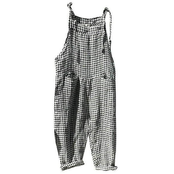 Women Fashion Summer Sleeveless Jumpsuit Stripe Baggy Pocket Cotton Linen Playsuit Romper Overalls