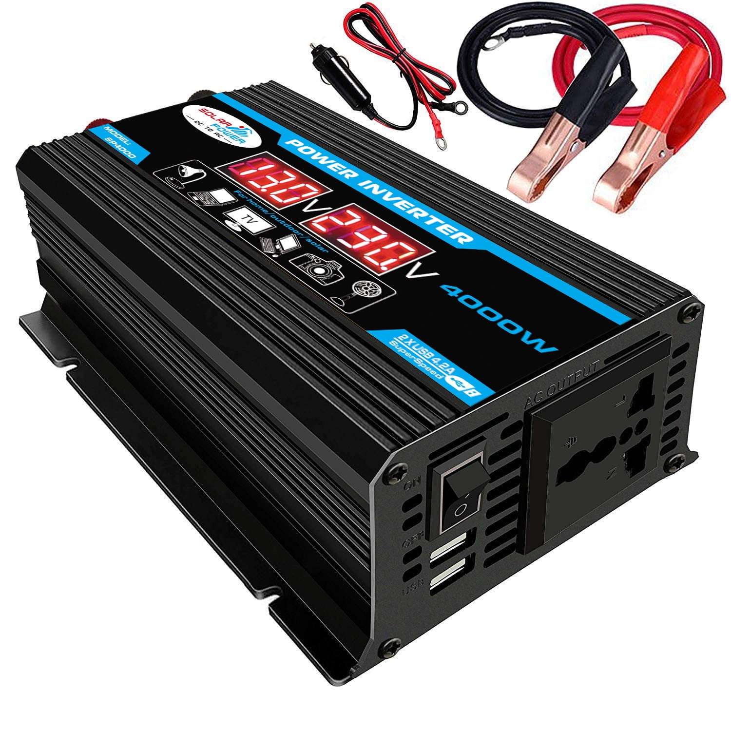 Red EBTOOLS 500W/1000W Inverter 12V DC to 110V Car Converter with 2 AC Outlets and 2.1A USB Ports for Laptop,Smartphone,Household Appliances in case Emergency Ampeak 1000W Power 