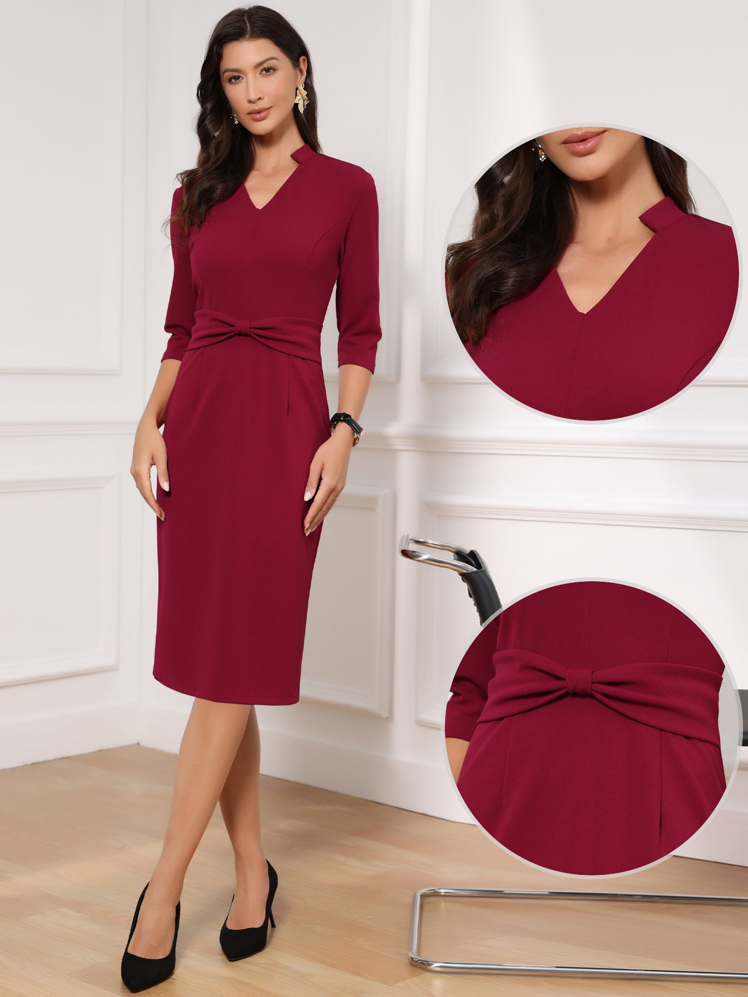 DARING DIVA Women's Work Dresses 3/4 Sleeve V Neck Bodycon Sheath Dress M Wine Red