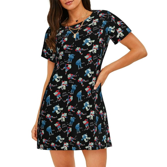 Lsque Play Hockey Pattern Nightgowns for Women Sleep Shirts Short Sleeve Nightshirt Pullover Nightdress Soft Sleepwear Relaxed Fit Nightdress