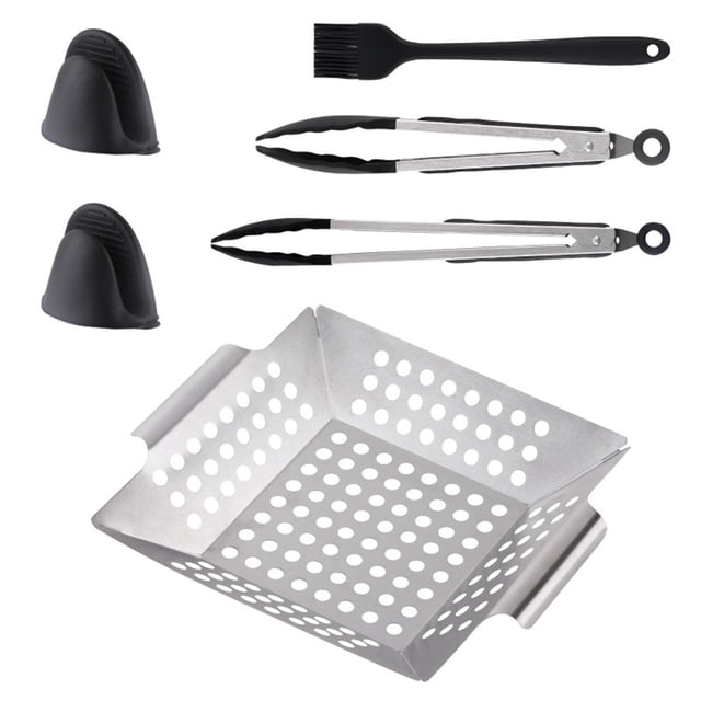 Grill Basket, Stainless Steel Grilling Basket, BBQ Grill Basket Wok for Vegetable, Kabobs, Shrimps, Heavy Duty Stainless Steel Grilling Accessories for All Grills, Dishwasher Safe