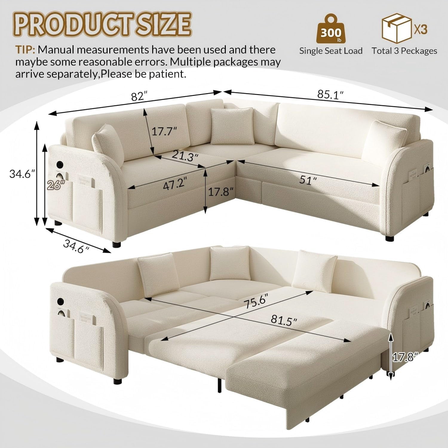Howcool 85.1" L-Shaped Sectional Sleeper Sofa, 5-Seat Pull Out Couch Bed with USB Ports & Side Pockets, Teddy Fabric Convertible Sofa for Living Room, Beige White