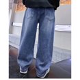 thumbnail image 3 of UACY Boys Jeans Baggy Casual Classic Straight Wide Leg Denim Pants Elastic High Waisted Preppy Trousers Girls Y2K Streetwear with Pockets (Light Blue, 5-6 Years), 3 of 5
