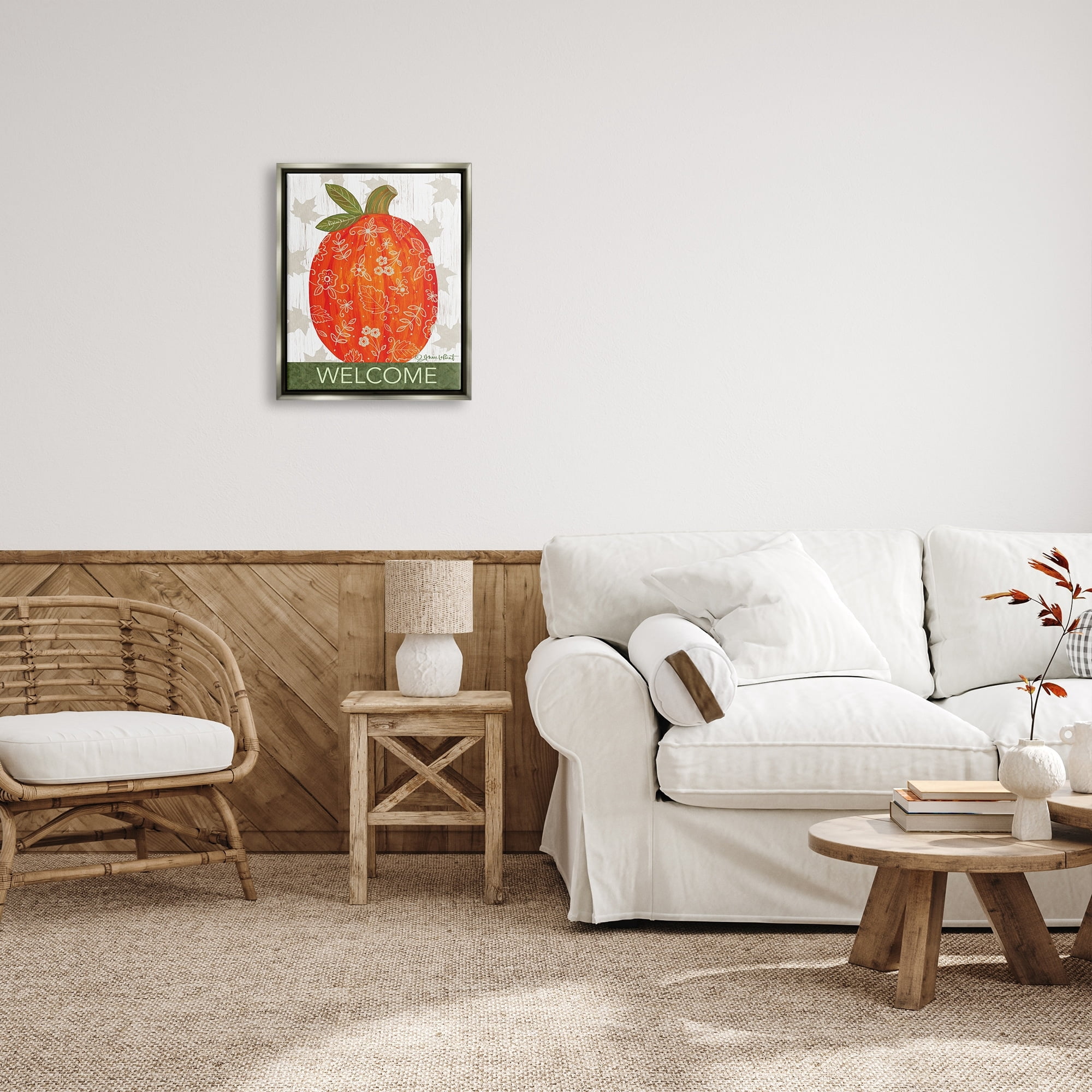 Stupell Industries Patterned Autumn Botanicals Pumpkin Welcome Sign Graphic Art Luster Gray Floating Framed Canvas Print Wall Art, Design by Annie LaPoint