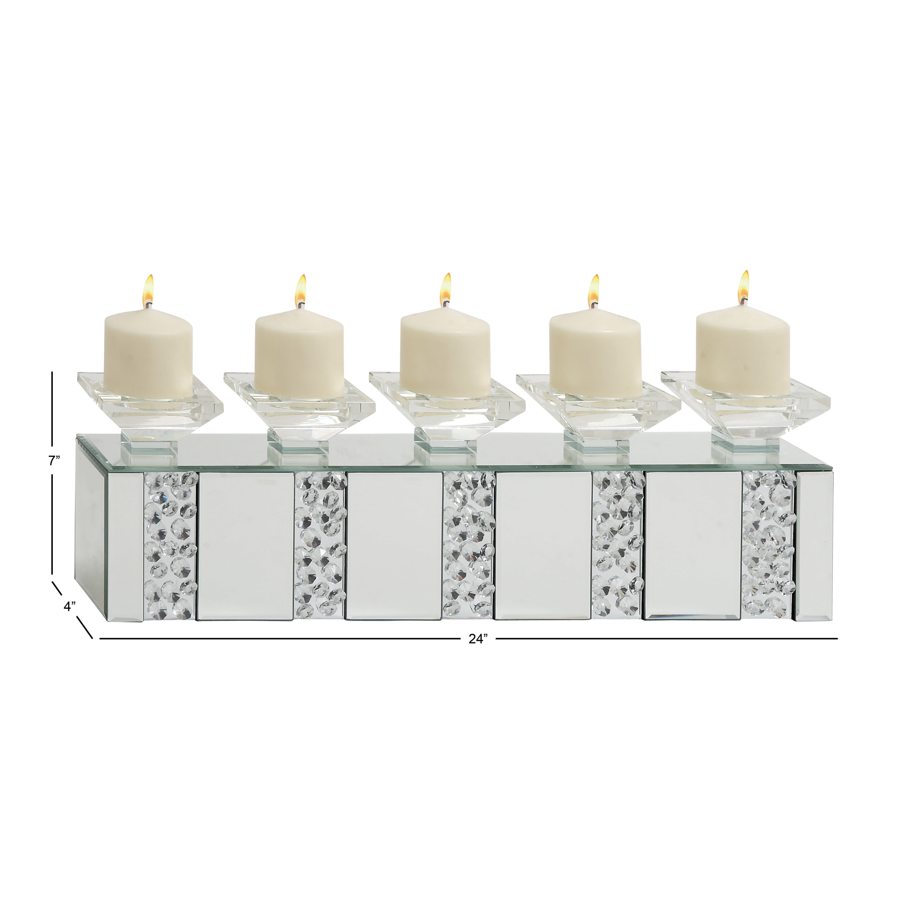 DecMode 5 Holder Silver Glass Pillar Candelabra with Mirrored Accents and Crystals