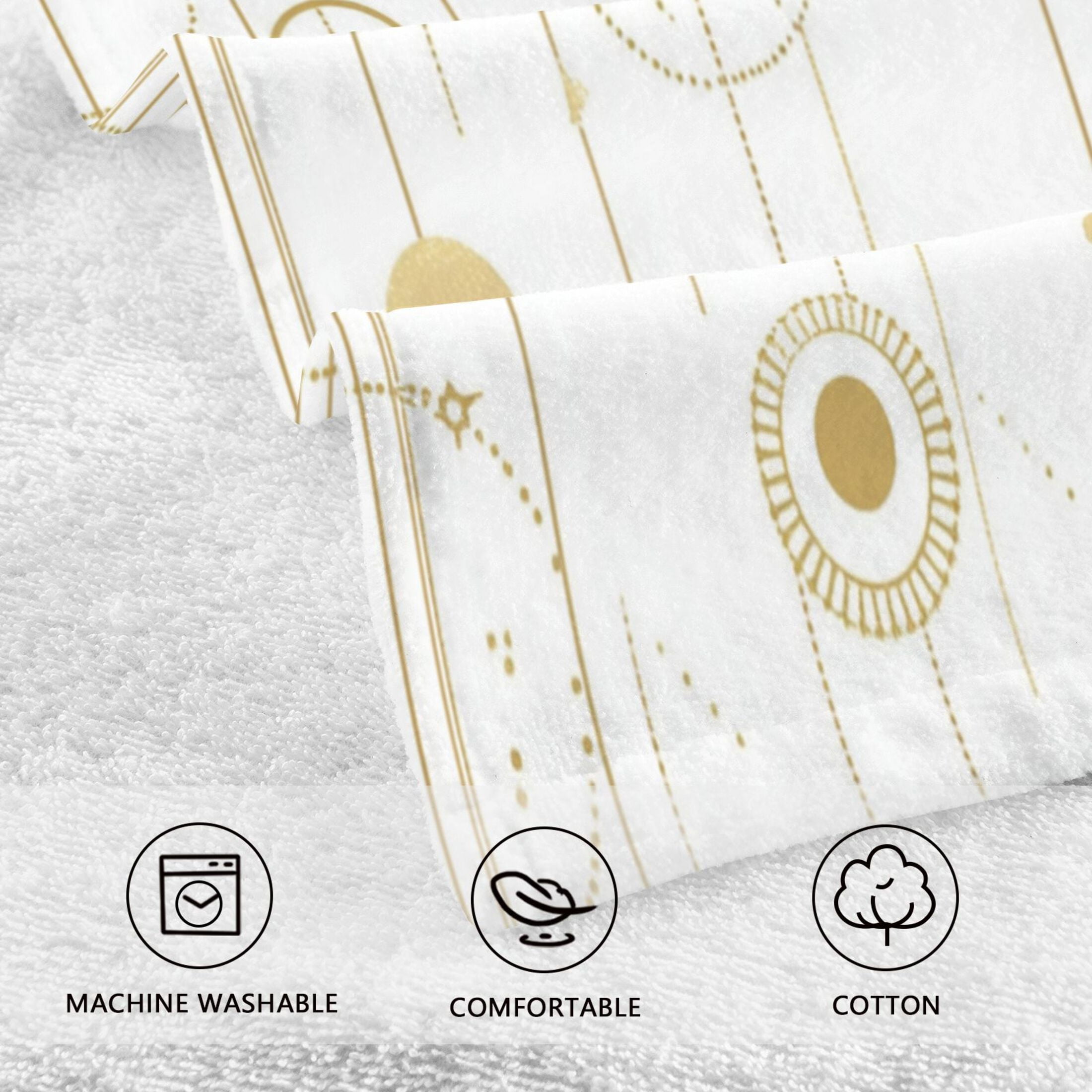 2 Pcs Absorbent Face Towel Bath Hand Towels Soft Breathable Cotton Towel Set for Bathroom Kitchen Hotel Spa Decor Gold and White Geometric Pattern