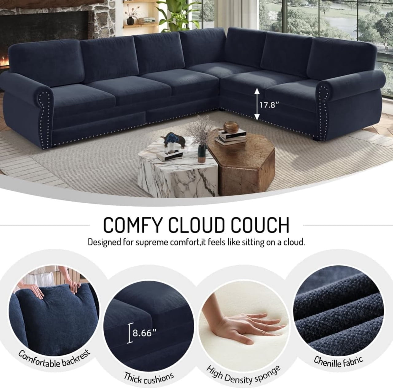 118" L-Shaped Convertible Sleeper Couch Bed, Chenille Upholstered Sectional Sofa with Pull-Out Sofa Bed, Modern Chesterfield Sofa for Living Room