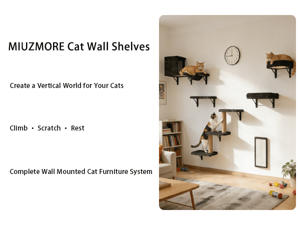 MIUZMORE Cat Wall Shelves, 10-Piece Complete Cat Wall Furniture System with Perches and Scratching Posts, Stable Floating Climbing Set for Large Indoor Cats, Space Saving Kitty Furniture