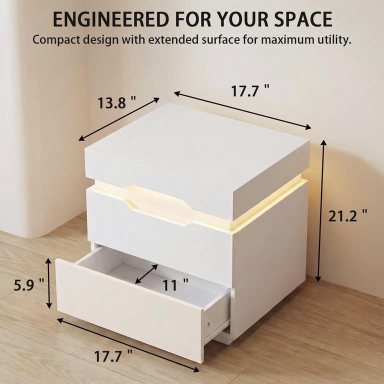 Lacoo Modern End Table Set of 2 with LED Lights & Charging Station, White Nightstand with 2 Drawers & Upper Storage for Living Room Bedroom, 2 Drawer