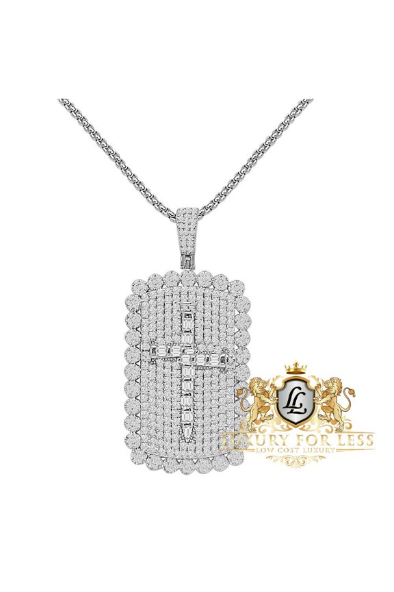 Baguette 24 + Grams 14K White Gold Over Jesus Cross Dog Tag Flower Charm Pendent Chain