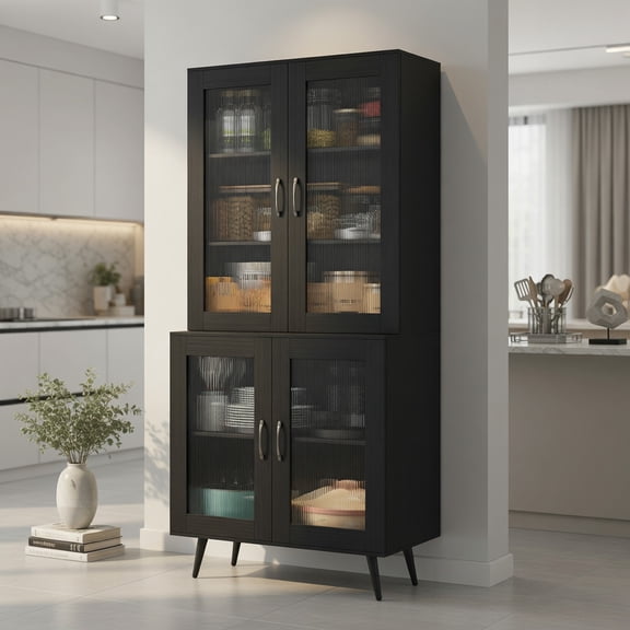 Demi Bonn 70.5" Tall Pantry Cabinet,4 Transparent Doors 5 Adjustable Shelves,Anti-Slip Pads,Black