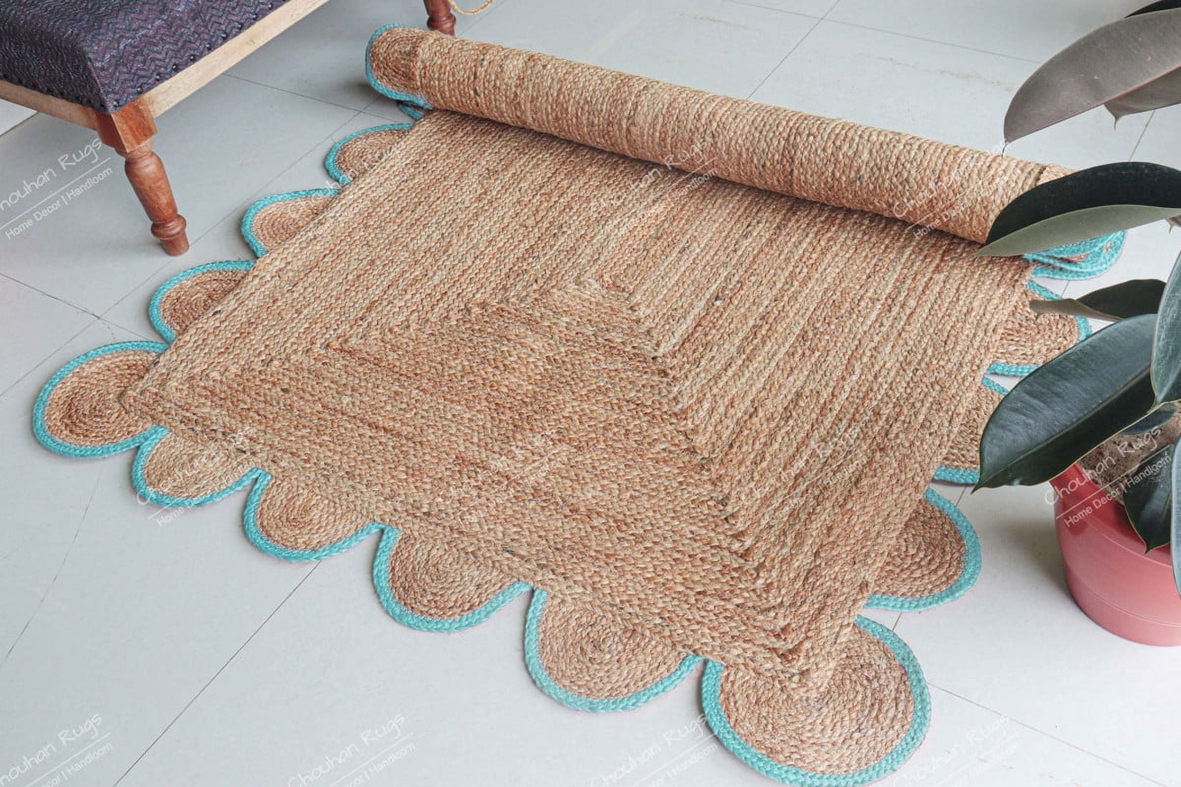 Chouhan Rugs Natural Jute Turquoise Scalloped Rug Bohemian Rug Decor Rug Handwoven Rug Custom Rug Decorative Rug