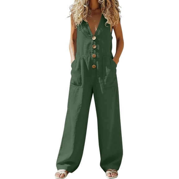 RYRJJ Womens Button Down Jumpsuits Cotton Linen Sleeveless V-Neck Casual Wide Leg Rompers Loose Baggy Overall Pants with Pockets(Green,L)