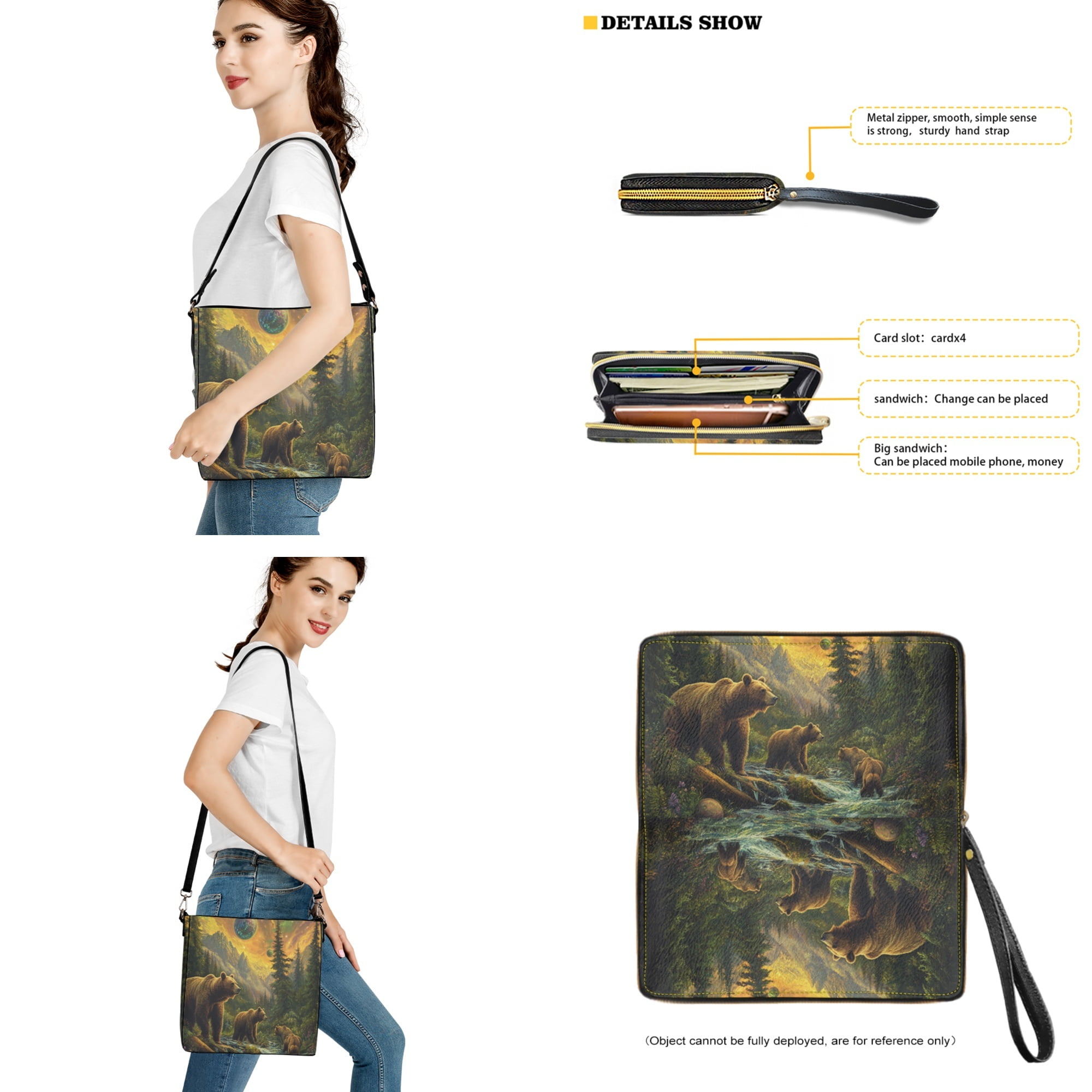 ZUXONGSY Bear Forest Planet Print Bucket Purse and Wallet Set for Women Trendy Leather Crossbody Handbag with Wrist Wallet Casual Shoulder Bag with Leather Wallet for Working