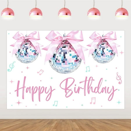 7x5FT Pink Disco Ball Themed Happy Birthday Backdrop Banner Disco Groovy 60s 70s 80s 90s Background Photography for Disco Theme Hippie Birthday Party Supplies