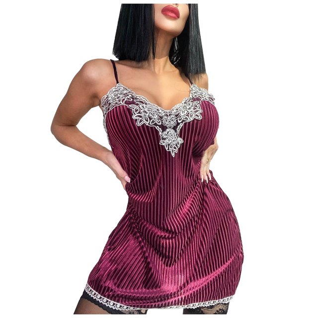 Lencería de encaje de mujer sexy Camisón de terciopelo con cuello en V Camisón Tentación Babydoll Ropa interior Ropa de dormir Fridja nalpqowj49214