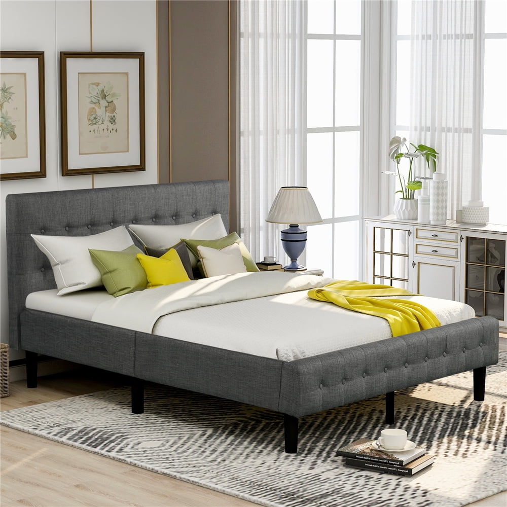Queen Platform Bed Fabric Upholstered Full Bed Frame Modern Mattress Foundation 