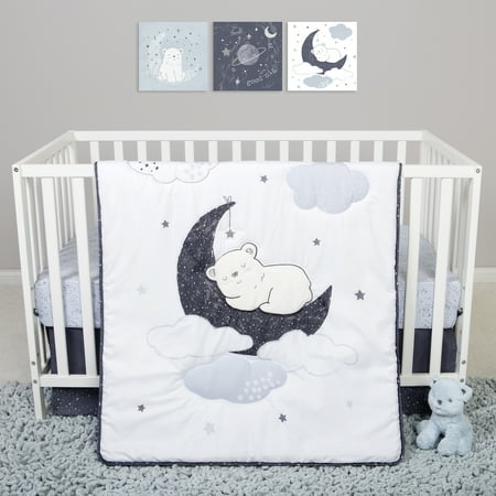 UPC: 0846216061820 | Sammy & Lou Bearly Dreaming 4 Piece Crib Bedding Set. Celestial Pattern Featuring a Sleeping Bear. Colors of Blue Gray and White. 100% Polyester Fill