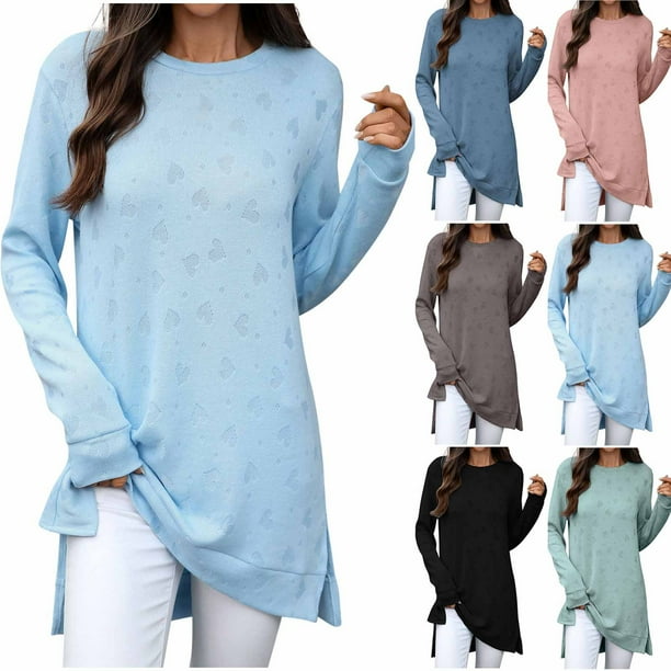 Tops sin mangas,Blusa informal de manga larga de color liso para mujer, cuello redondo, túnica holgada de poliéster con abertura, para otoño e invierno, sopatenor