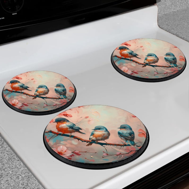 BaHomeck Electric Stove Burner Covers Set of 4,Round Metal Gas Stove Burner Covers 8 Inch and 10 Inch,Kitchen Decor,Birds Sitting On Cherry Blossom Branch