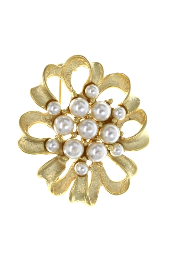 Ribbon Brooch-Pin With Bead Accents Gold-Tone & White Colored #LQP1427