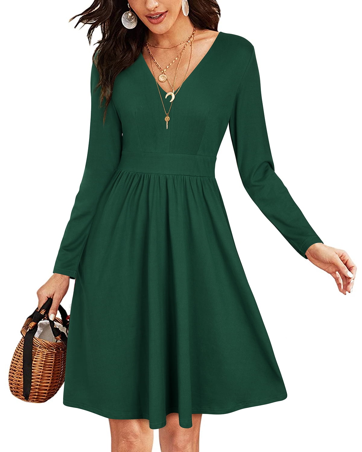 Long Sleeve Dresses V Neck Swing Dress 