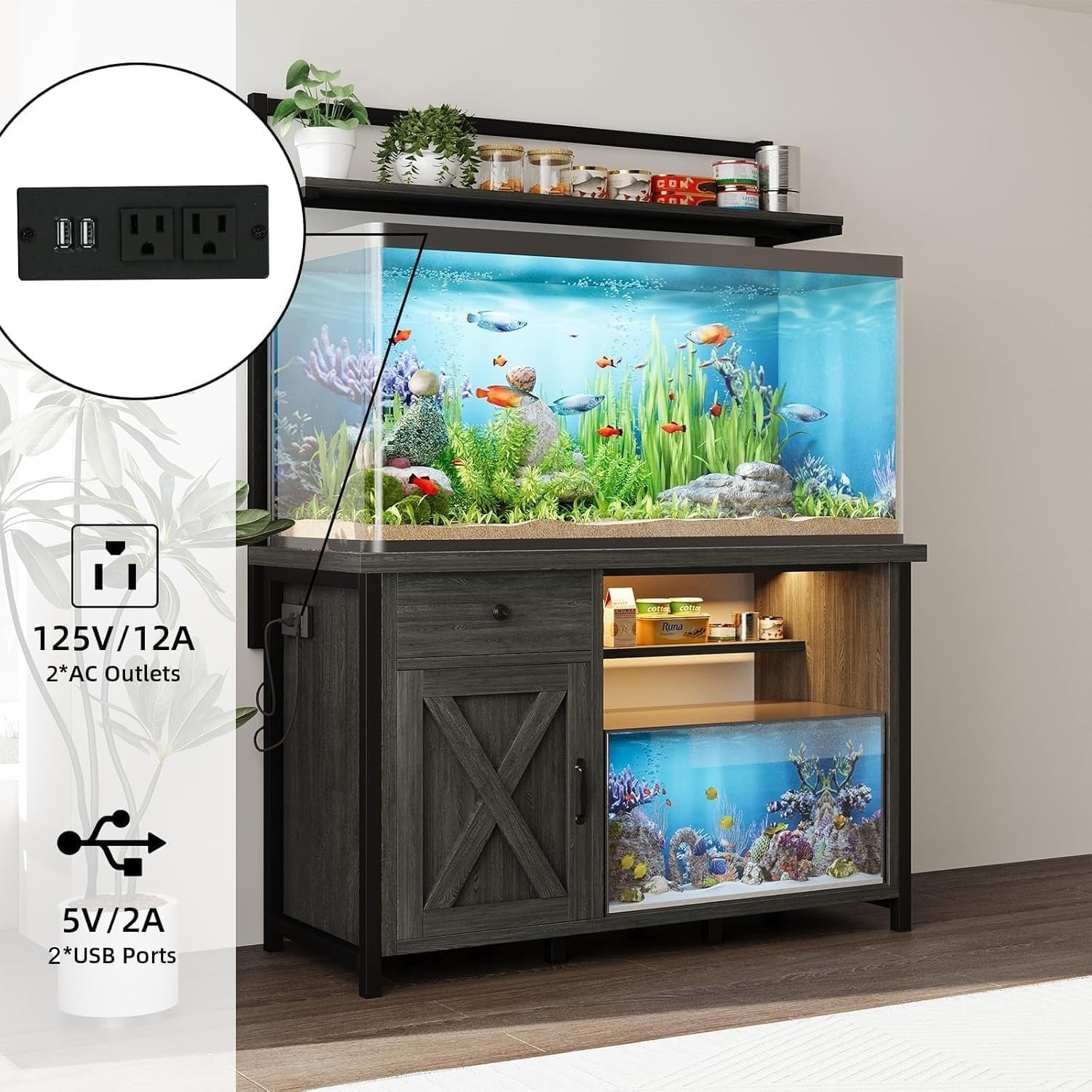 DreamCurship Fish Tank Stand with Power Outlet and Led Light, Cabinet for 55-75 Gallon Aquarium, RGB Lighting Strip Ideal for Turtle Enclosure, Supports up to 1100 Pounds, Gray