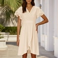 thumbnail image 5 of Jinhomg Women's Cocktail Dress Trendy Wrap V Neck A Line Dresses Flowy Swing Ruffle Short Sleeve Midi Dress formal Wedding Guest Dress Khaki XXL, 5 of 10
