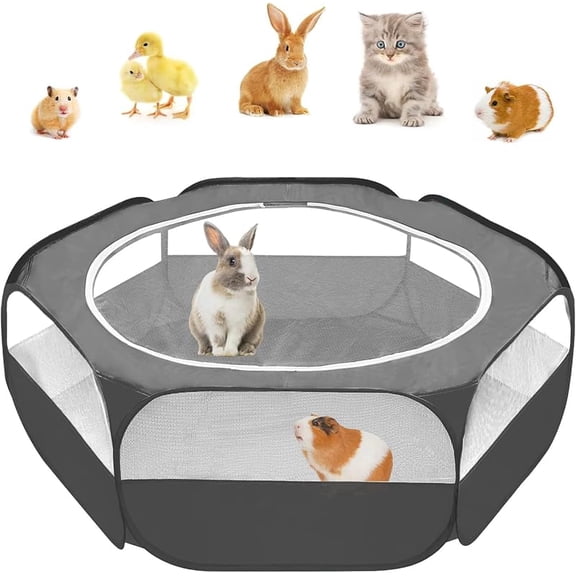 Guinea Pig Playpen with Cover, Bunny Playpen with Top, Rabbit Pop Up Playpen with Roof, Small Animal Play Pen Indoor, for Ferret/Chinchilla/Bearded Dragon/Kitten (Black)