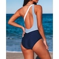thumbnail image 3 of Women's Sky Blue Color Block One Shoulder Backless One-piece Swimwear, 3 of 21
