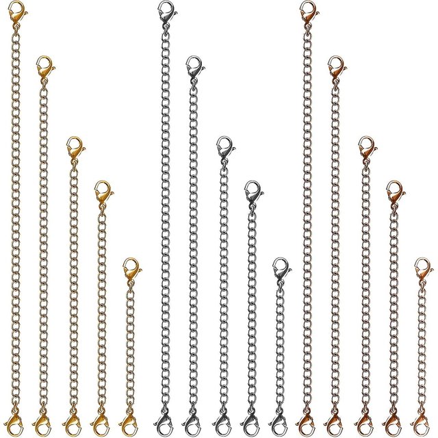 Extensores de collar, 15 piezas de acero inoxidable, oro, plata, collar, pulsera, tobillera, cadenas de extensión con cierres de langosta y cierres para hacer joyas