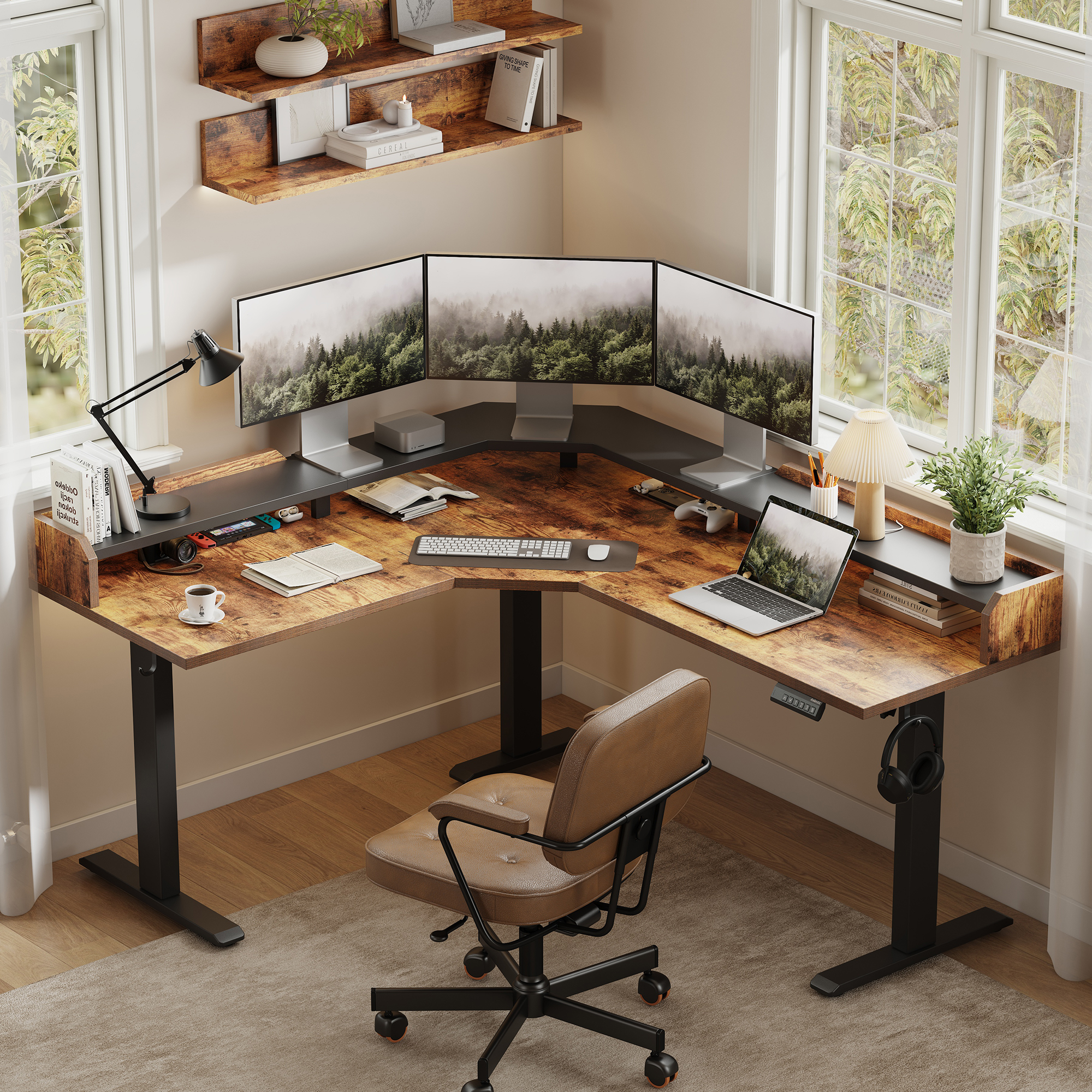 62.9" Electric Height Adjustable L Shaped Standing Desk with Monitor Shelf, Computer Desk with Storage,Sit Stand Corner Desk for Home Office Workstations,Rustic Brown