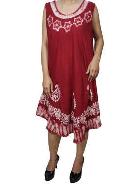 Mogul Womens Summer Sleeveless Casual Swing Tank Dress Umbrealla Cover Up Batik Embroidered Loose Comfy Sundress