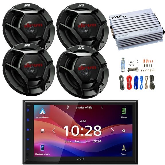 JVC KW-M695BW 6.8" WSVGA LCD Display Single-DIN Bluetooth USB/MP3 Digital Media Shallow Chassis Multimedia SiriusXM Ready Receiver, 4x 6.5" 300W Max 2-Way Car Audio Speakers, 4 Channel Amplifier W/Kit