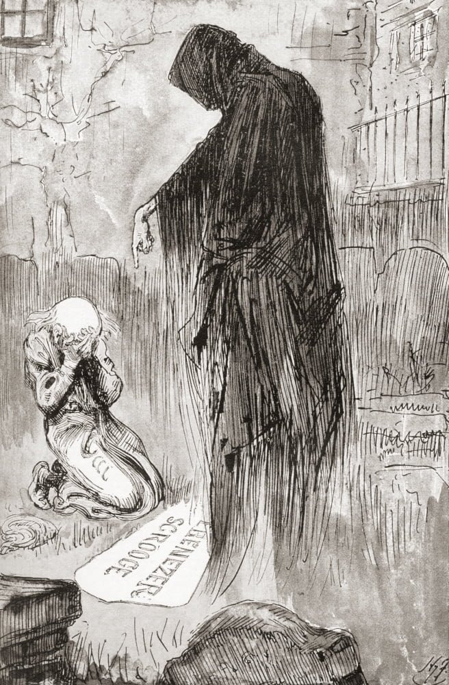 The Last of the Spirits Good Spirit I will honour Christmas in my heart and try to keep it all the year Oh tell me I may sponge away the writing on this stone Illustration by Harry Furniss for the nov