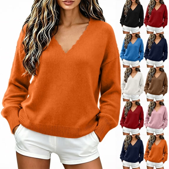 Sweater for Women V-Neck Scalloped Trim Pullover Top Long Sleeve Relaxed Fit Casual Fall Pullover